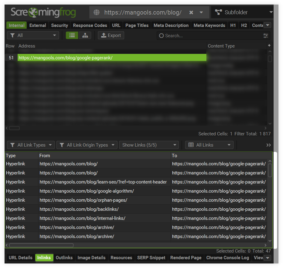 checking internal links via Screaming Frog - example