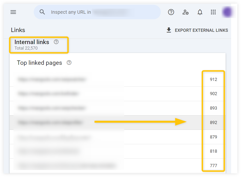 checking the number of internal links in Google Search Console - example