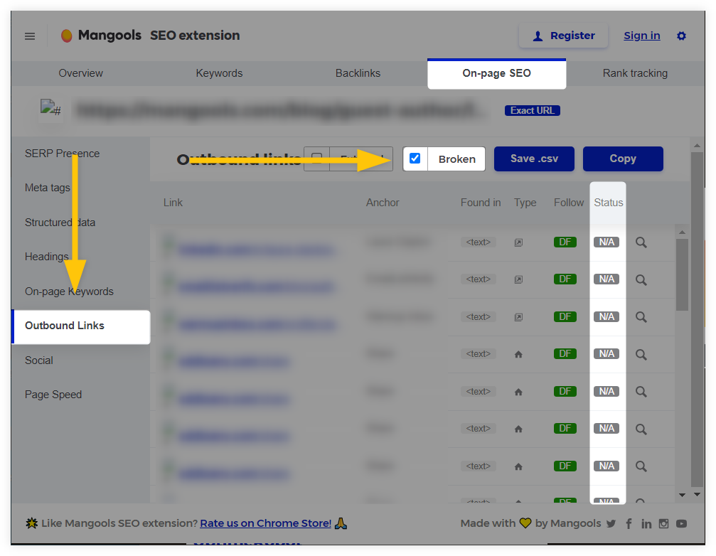 identifying broken links via Mangools SEO extension - example